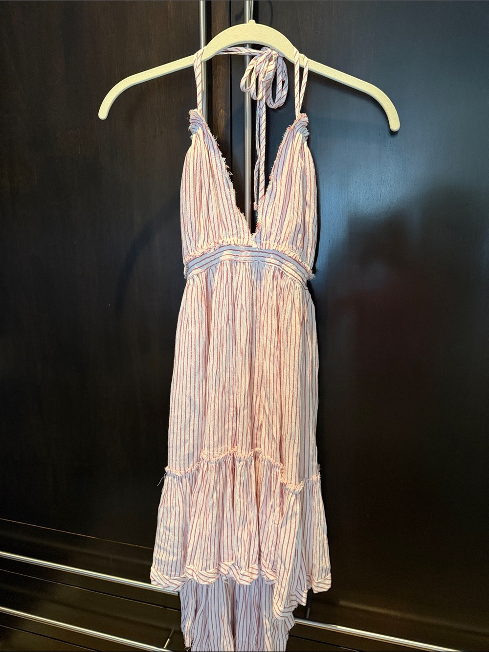 Vici Pink and White Striped Backless Halter Midi Dress